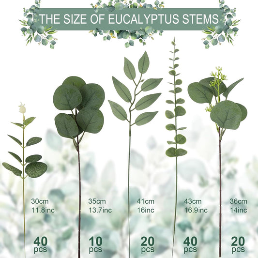 130 Pcs Artificial Mixed EucalyptusStems Bulk, 5 Kinds of Faux GreeneryEucalyptus Leaves Bulk for Vase Wedding DIY Bouquets Floral Arrangement Home Decor (130, Green)