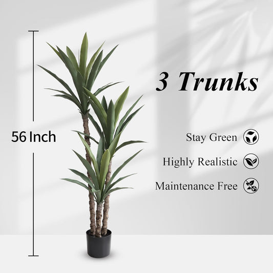 Artificial Agave Trees 4.5Ft Faux Agave Plant with 3 Heads Silk Faux Tree in Plastic Pot for Home Garden Office Decor