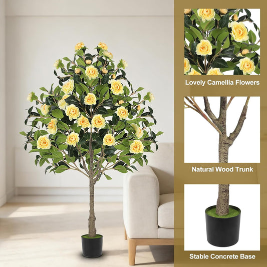4FT Artificial Camellia Tree 47" Faux Camellia Plant with Black Pot, Realistic Leaves and Silk Floral Blooming for Indoor Outdoor Home Office Porch Decor