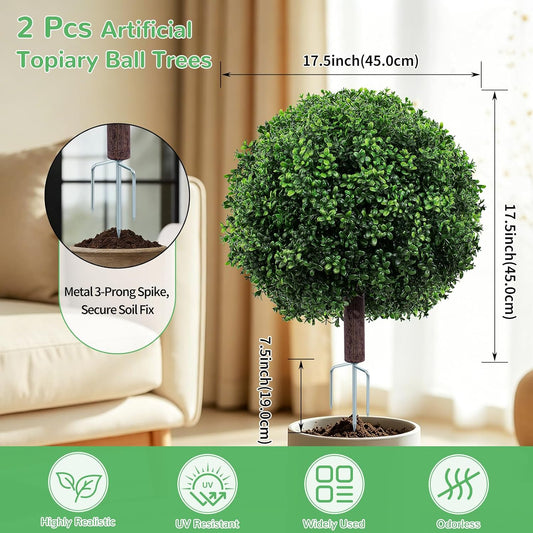 Artificial Boxwood Topiary Ball Trees for Outdoors, Dense Foliage 27" Faux Boxwood Topiary Bush with Metal Spike UV Resistant Realistic Evergreen for Front Porch, Garden, Yard & Balcony Decor