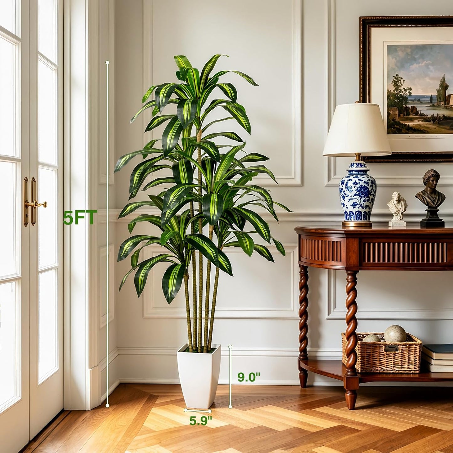 5FT Artificial Dracaena Tree - Tall Faux Dracaena, Artificial Plants Indoor, Fake Plant Build Boho-Chic Basket, Fake Tree for Outdoor Home Office Decor