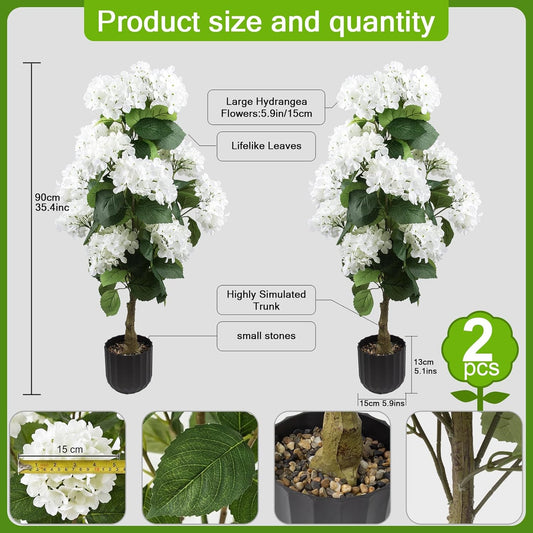 3 Ft Artificial Hydrangea Trees Potted, UV Resistant Faux Silk Hydrangea Plant in Pot for Indoor Outdoor Decoration, Hydrangea Topiary for Garden Office Home Porch Patio Decor
