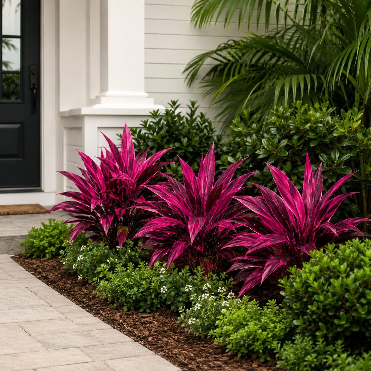 Artificial Tropical Plants Faux Cordyline Fruticosa Logs Fake Boston Ferns UV Resistant Artificial Outdoor Greenery Pink Purple for Garden Patio Balcony Porch Yard Home Decor