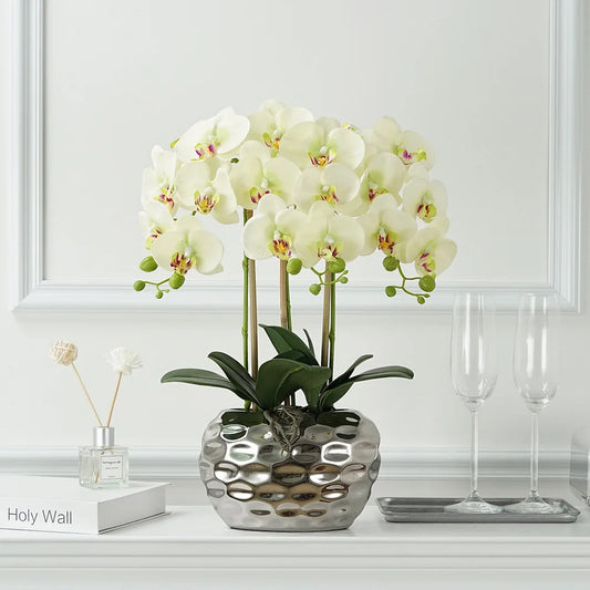 Wholesale Home and Garden Decoration Artificial Orchid Plant with Plastic Leaves and Flowers