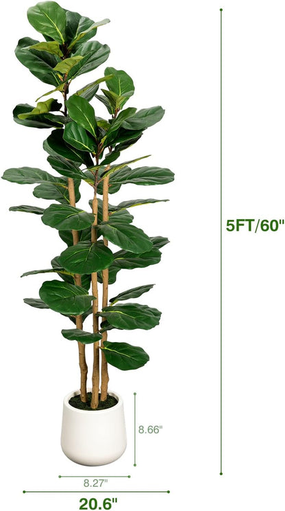 Artificial Fiddle Leaf Fig Tree White Planter, 5ft Large Fake Tree with 3 Sturdy Trunks, Fake Plants Faux Fig Tree, Lifelike Tall Artificial Plants Indoor for Office Home Decor