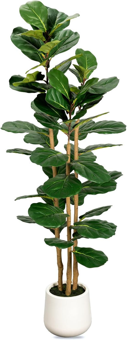Artificial Fiddle Leaf Fig Tree White Planter, 5ft Large Fake Tree with 3 Sturdy Trunks, Fake Plants Faux Fig Tree, Lifelike Tall Artificial Plants Indoor for Office Home Decor