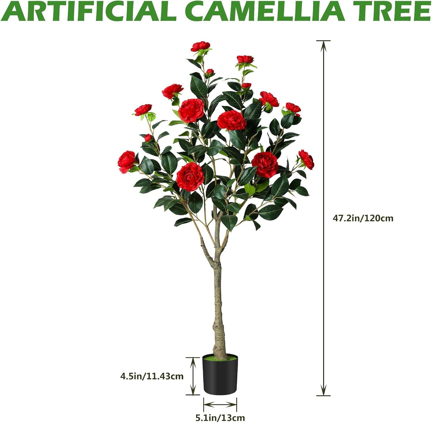 Artificial Camellia Tree, 4FT Faux Camellia Tree with Red Flowers | Realistic Camellia Tree, Sturdy Construction, Versatile Use, Low Maintenance, No Unpleasant Smell, Colorfast & Long-Lasting