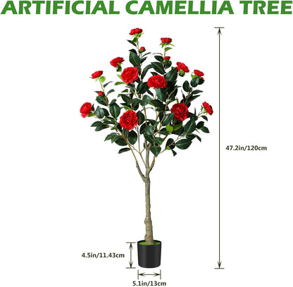 Artificial Camellia Tree, 4FT Faux Camellia Tree with Red Flowers | Realistic Camellia Tree, Sturdy Construction, Versatile Use, Low Maintenance, No Unpleasant Smell, Colorfast & Long-Lasting