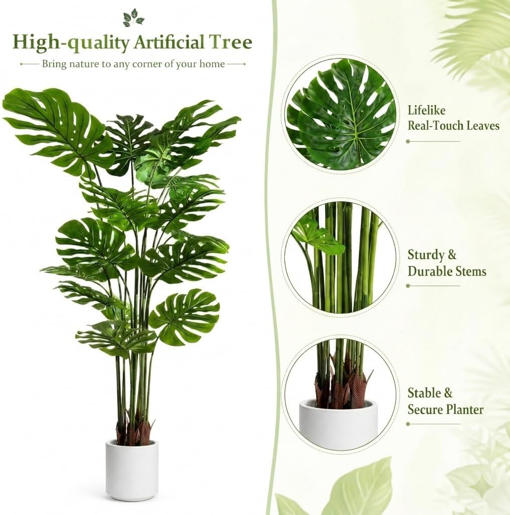 Artificial Monstera Deliciosa Plant 5.2ft, Lifelike Faux Swiss Cheese Floor Plant with 18 Leaves in Pot, Tall Fake Tropical Tree for Indoor Home Living Room Office Decor