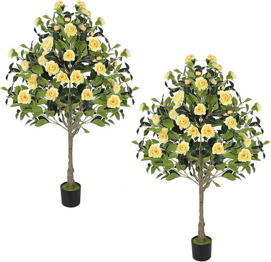 4FT Artificial Camellia Tree 47" Faux Camellia Plant with Black Pot, Realistic Leaves and Silk Floral Blooming for Indoor Outdoor Home Office Porch Decor