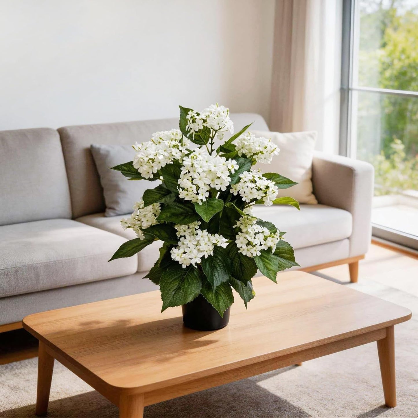 24 Inch Artificial White Hydrangea Potted Plant,Faux Silk Flower Bonsai Tree with Black Planter, Realistic Fake Flower for Tabletop, Shelf, Home Bedroom Office Porch Decor