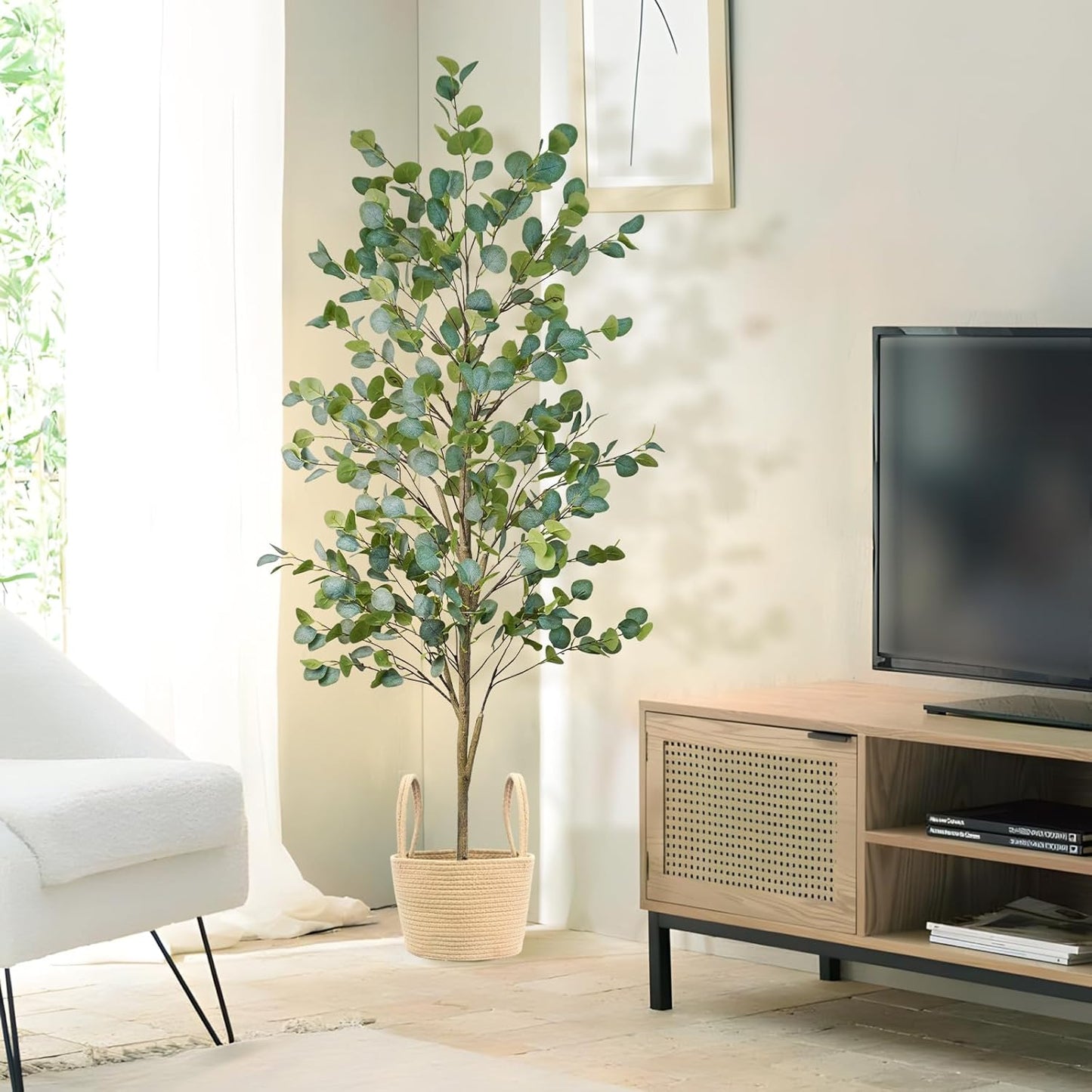 Faux Eucalyptus Tree 6FT, Artificial Potted Tree for Indoor Outdoor, Fake Floor Plants with Natural Wood Trunk, Home Office Living Room Bedroom Decor