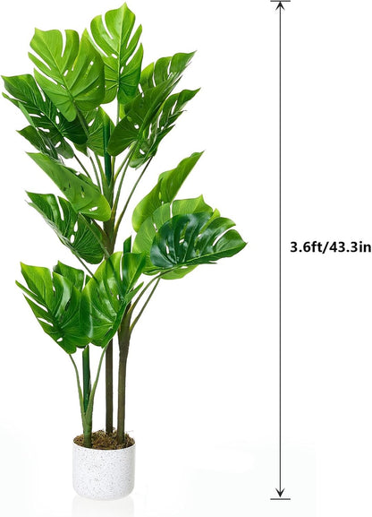 3.6ft Artificial Monstera Deliciosa Plant in Pot, Lush Faux Tropical Palm Tree with 16 Lifelike Leaves, Fake Floor Plant for Indoor Outdoor Home, Office, Porch Decor