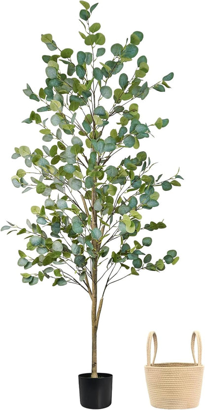 Faux Eucalyptus Tree 6FT, Artificial Potted Tree for Indoor Outdoor, Fake Floor Plants with Natural Wood Trunk, Home Office Living Room Bedroom Decor