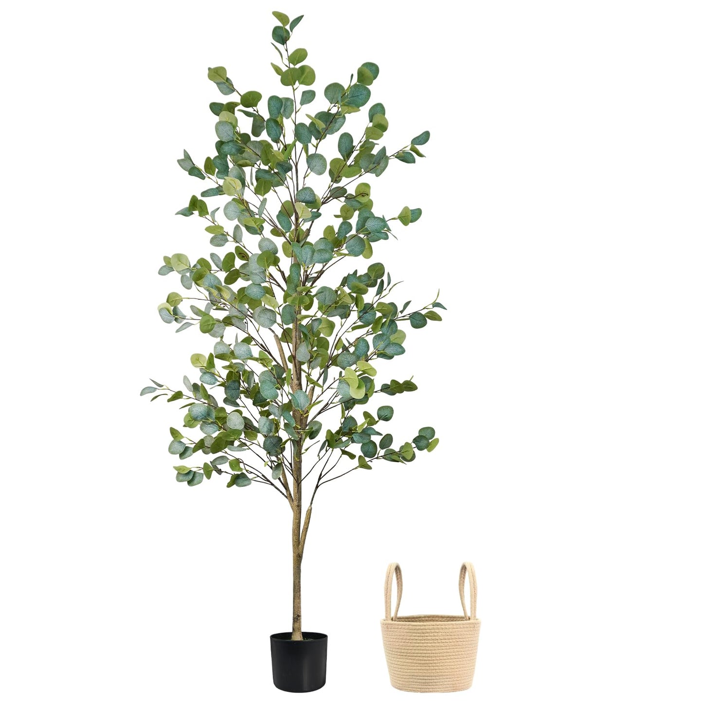 Faux Eucalyptus Tree 6FT, Artificial Potted Tree for Indoor Outdoor, Fake Floor Plants with Natural Wood Trunk, Home Office Living Room Bedroom Decor
