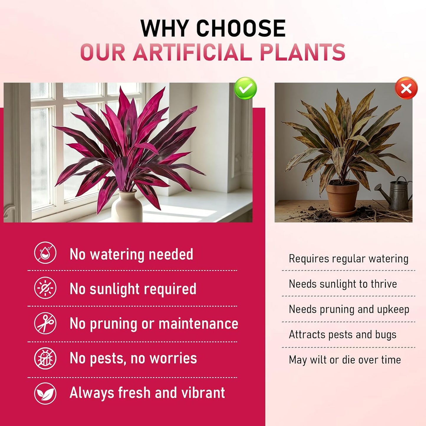 Large Realistic Artificial Boston Fern & Dragon's Blood Tree Artificial Turf UV Resistant Red Cordyline Ti Plants Red/Pink Vibrant Purple Leaves