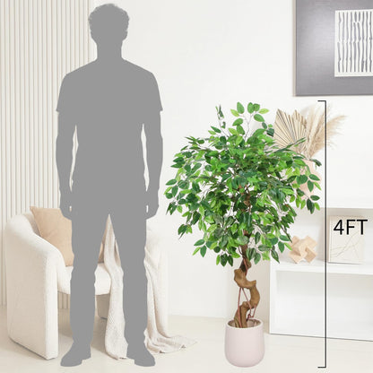 4FT Artificial Ficus Tree,Large Fake Tree, Tall Faux Ficus Tree with Lifelike Leaves and Realistic Trunk, Artificial Plants Indoor for Décor Home Office Living Room