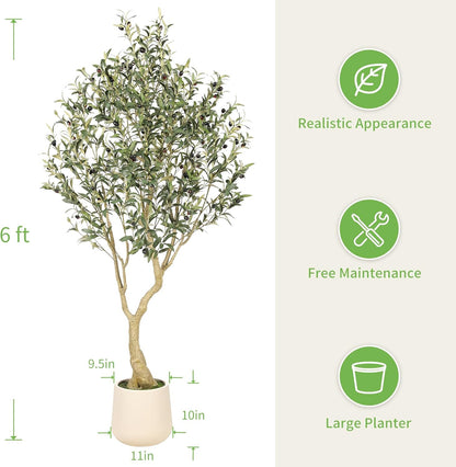 6ft Artificial Olive Tree with Tall Exquisite Planter - Realistic Faux Olive Tree with Thick Trunk and Lifelike Fruits - Large Fake Olive Tree for Home Office Decor