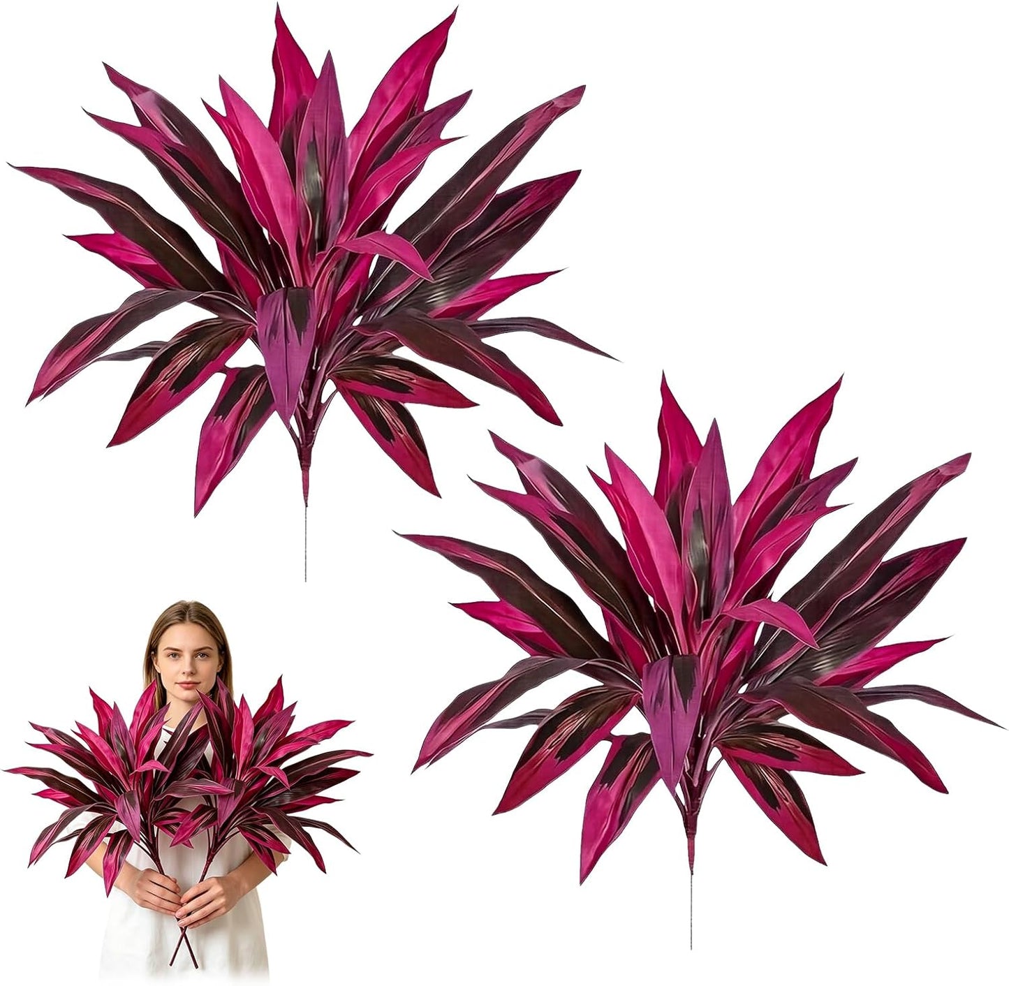 Large Realistic Artificial Boston Fern & Dragon's Blood Tree Artificial Turf UV Resistant Red Cordyline Ti Plants Red/Pink Vibrant Purple Leaves