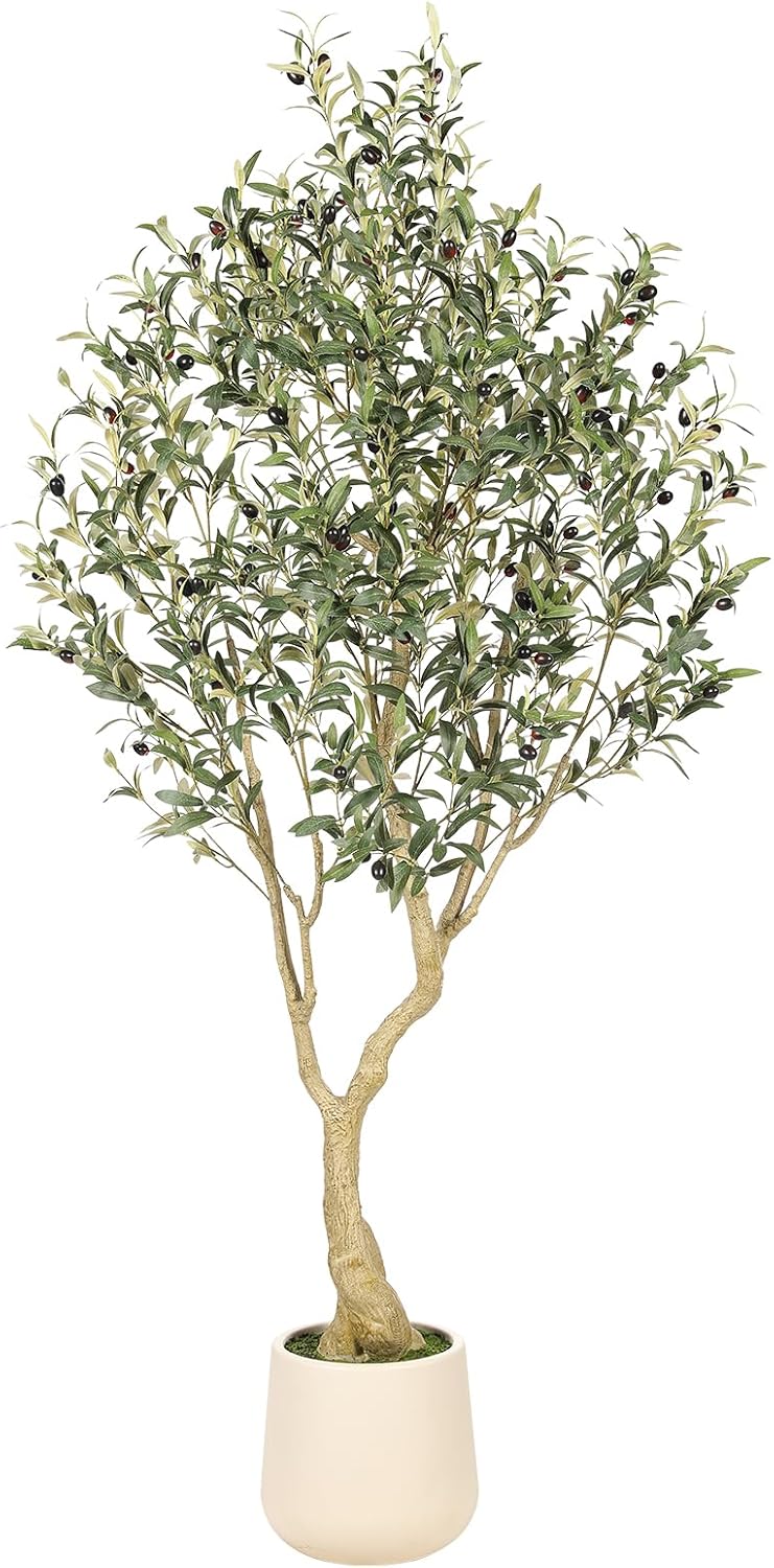 6ft Artificial Olive Tree with Tall Exquisite Planter - Realistic Faux Olive Tree with Thick Trunk and Lifelike Fruits - Large Fake Olive Tree for Home Office Decor