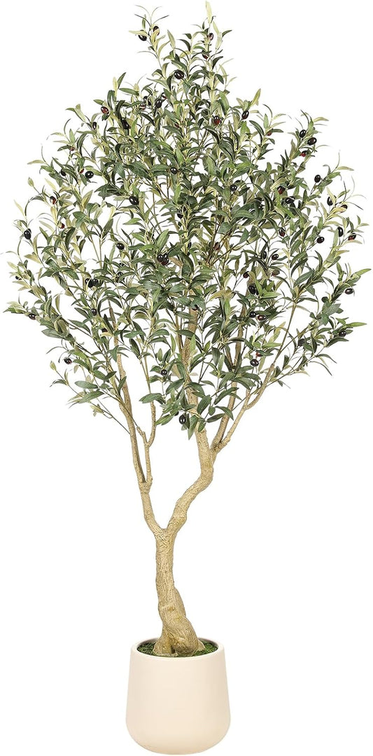6ft Artificial Olive Tree with Tall Exquisite Planter - Realistic Faux Olive Tree with Thick Trunk and Lifelike Fruits - Large Fake Olive Tree for Home Office Decor
