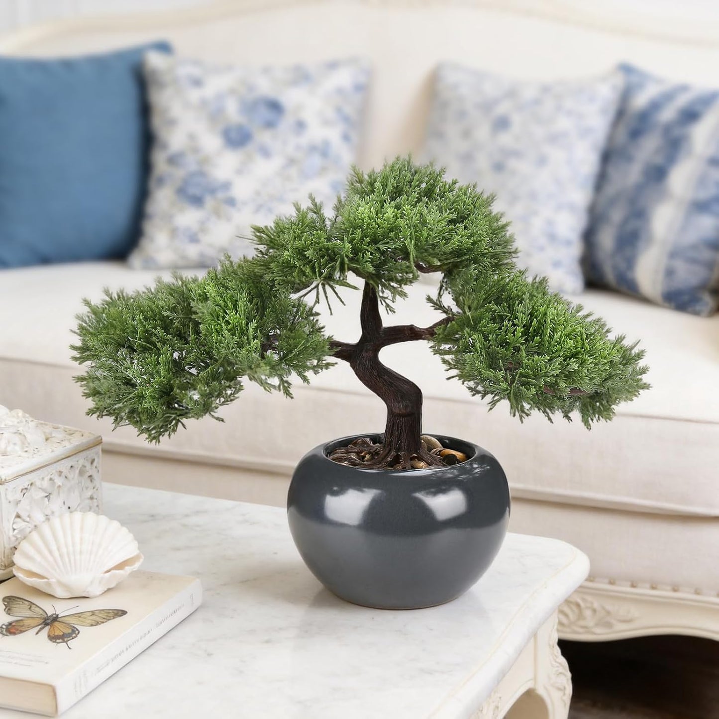 Artificial Bonsai Tree 9.5 Inch Fake Plants Decor, Faux Potted Juniper Plants Indoor Decor for Office Desk Home Table Bedroom Living Room Farmhouse Decorations