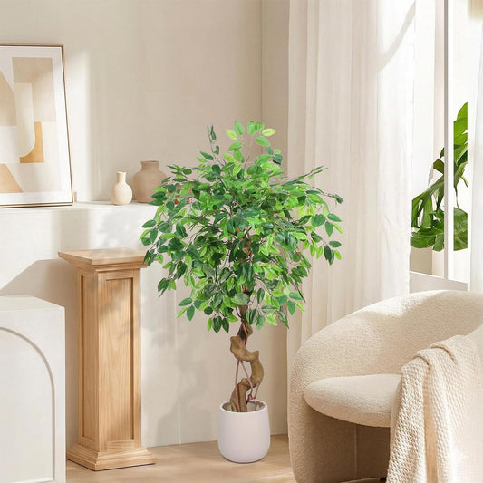 4FT Artificial Ficus Tree,Large Fake Tree, Tall Faux Ficus Tree with Lifelike Leaves and Realistic Trunk, Artificial Plants Indoor for Décor Home Office Living Room