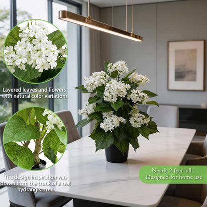 24 Inch Artificial White Hydrangea Potted Plant,Faux Silk Flower Bonsai Tree with Black Planter, Realistic Fake Flower for Tabletop, Shelf, Home Bedroom Office Porch Decor