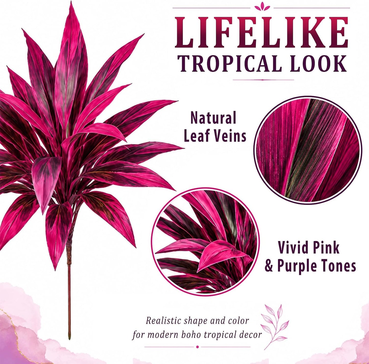 Artificial Tropical Plants Faux Cordyline Fruticosa Logs Fake Boston Ferns UV Resistant Artificial Outdoor Greenery Pink Purple for Garden Patio Balcony Porch Yard Home Decor