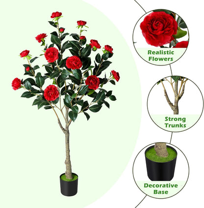 Artificial Camellia Tree, 4FT Faux Camellia Tree with Red Flowers | Realistic Camellia Tree, Sturdy Construction, Versatile Use, Low Maintenance, No Unpleasant Smell, Colorfast & Long-Lasting