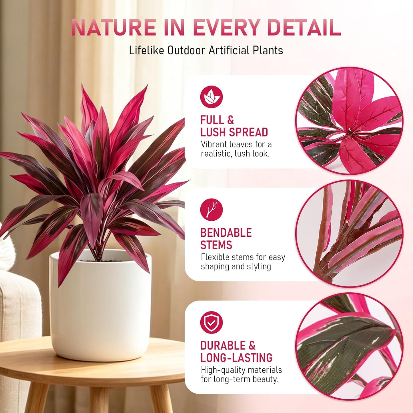 Large Realistic Artificial Boston Fern & Dragon's Blood Tree Artificial Turf UV Resistant Red Cordyline Ti Plants Red/Pink Vibrant Purple Leaves