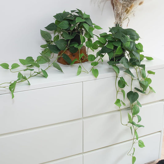Fake Pothos Hanging Plants – 33" Set of 2 Faux Ivy Vines with Pots Realistic Silk Devil’s Ivy for Indoor Décor Low Maintenance Artificial House Plants for Home Bathroom or Office
