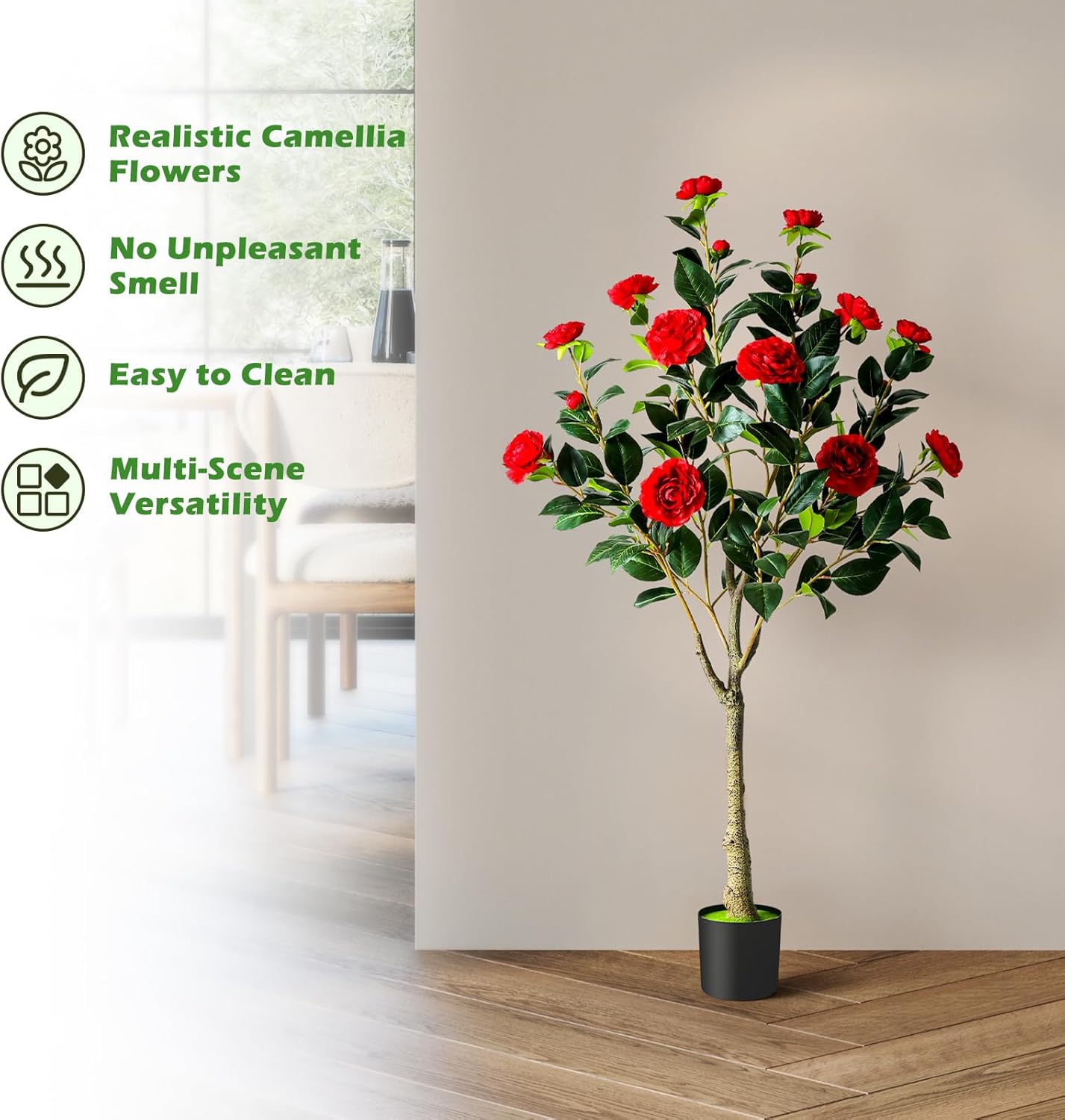 Artificial Camellia Tree, 4FT Faux Camellia Tree with Red Flowers | Realistic Camellia Tree, Sturdy Construction, Versatile Use, Low Maintenance, No Unpleasant Smell, Colorfast & Long-Lasting