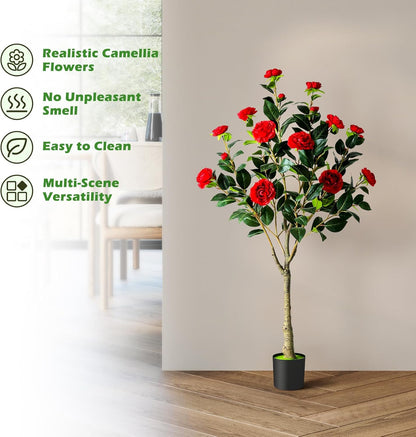 Artificial Camellia Tree, 4FT Faux Camellia Tree with Red Flowers | Realistic Camellia Tree, Sturdy Construction, Versatile Use, Low Maintenance, No Unpleasant Smell, Colorfast & Long-Lasting