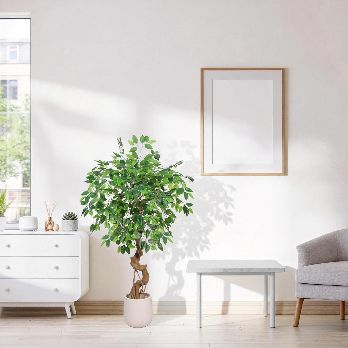 4FT Artificial Ficus Tree,Large Fake Tree, Tall Faux Ficus Tree with Lifelike Leaves and Realistic Trunk, Artificial Plants Indoor for Décor Home Office Living Room