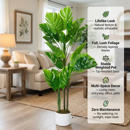 3.6ft Artificial Monstera Deliciosa Plant in Pot, Lush Faux Tropical Palm Tree with 16 Lifelike Leaves, Fake Floor Plant for Indoor Outdoor Home, Office, Porch Decor