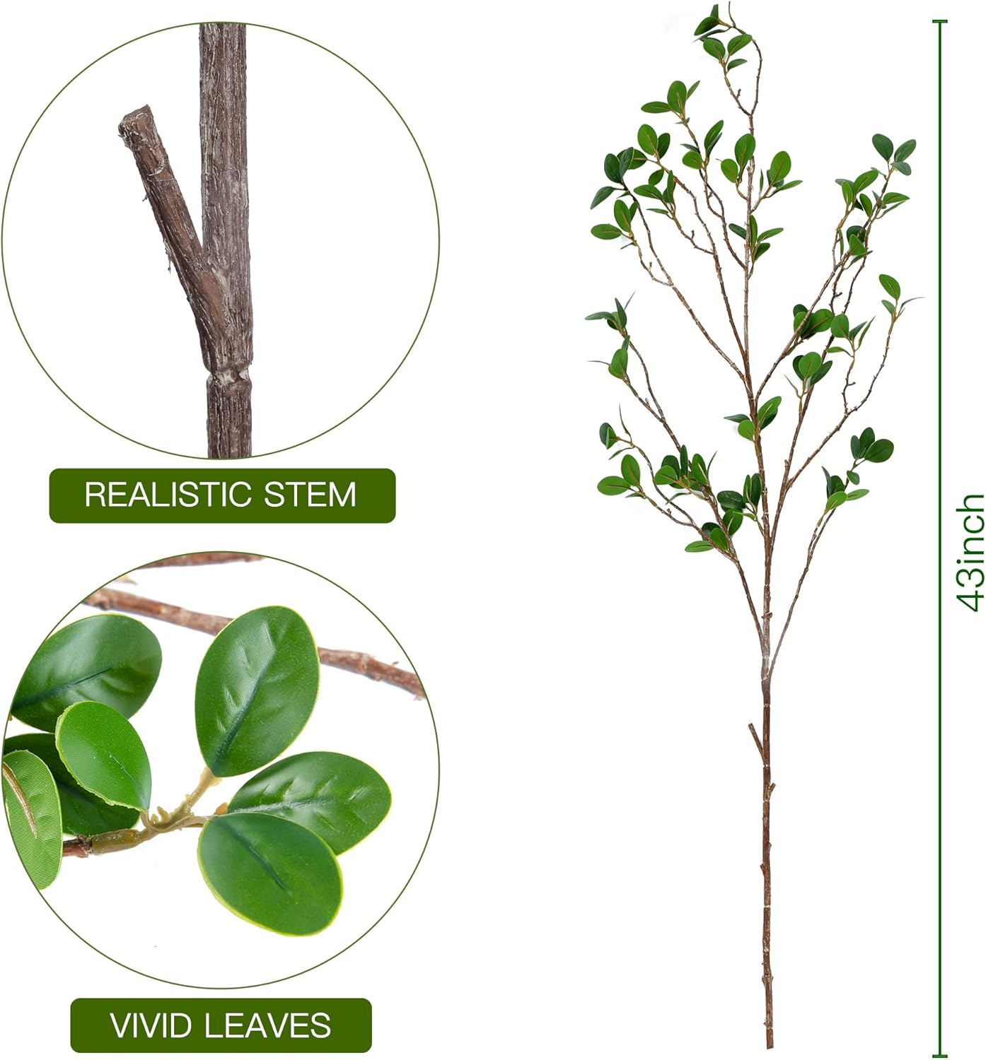 43’’ 4Pcs Artificial Ficus Branches Faux Leaf Spray Green Eucalyptus Branches Artificial Greenery Stems Fake Ficus Twig Plants for Home Office Wedding Vase Filler Shop Decoration