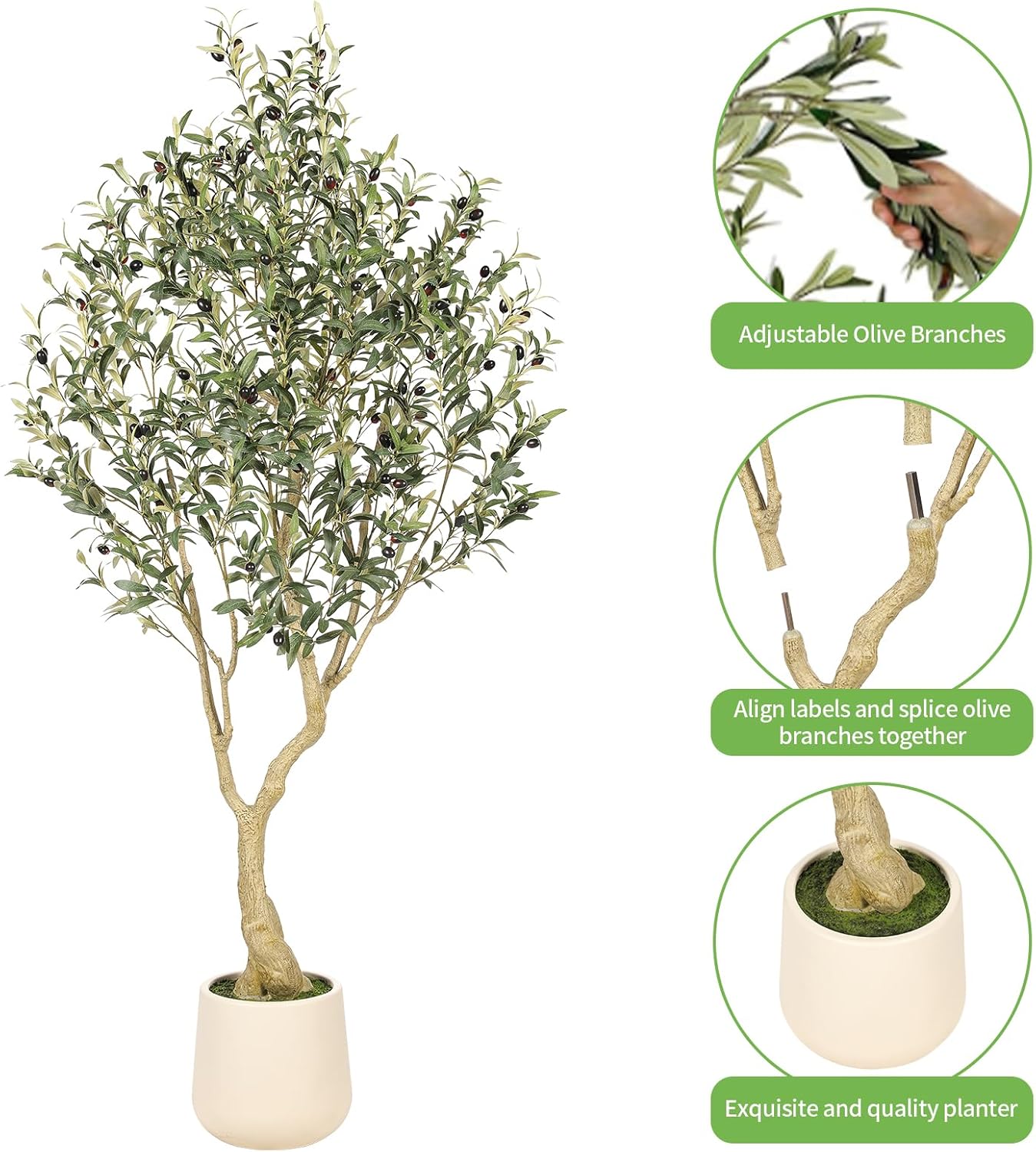 6ft Artificial Olive Tree with Tall Exquisite Planter - Realistic Faux Olive Tree with Thick Trunk and Lifelike Fruits - Large Fake Olive Tree for Home Office Decor
