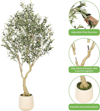 6ft Artificial Olive Tree with Tall Exquisite Planter - Realistic Faux Olive Tree with Thick Trunk and Lifelike Fruits - Large Fake Olive Tree for Home Office Decor