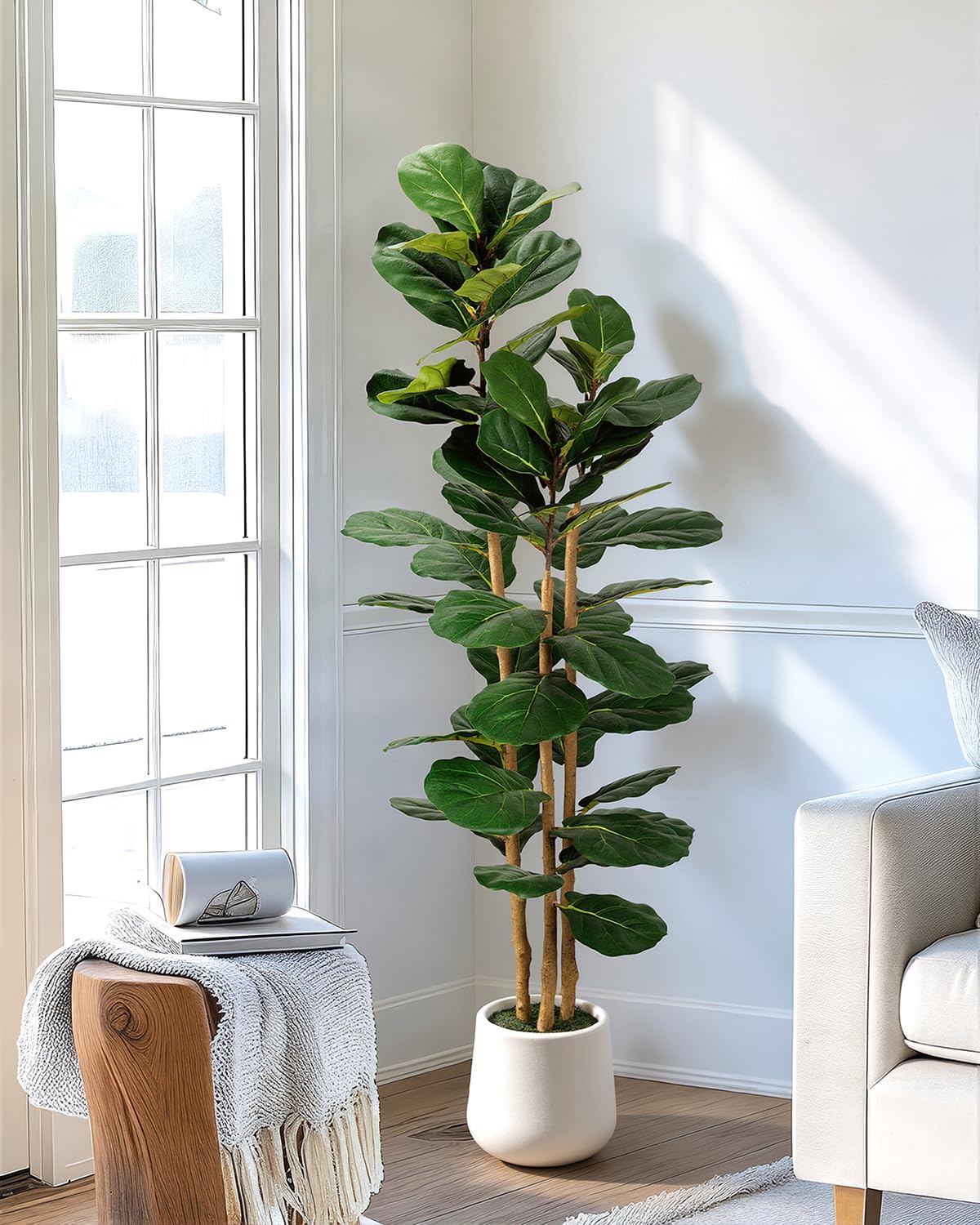 Artificial Fiddle Leaf Fig Tree White Planter, 5ft Large Fake Tree with 3 Sturdy Trunks, Fake Plants Faux Fig Tree, Lifelike Tall Artificial Plants Indoor for Office Home Decor