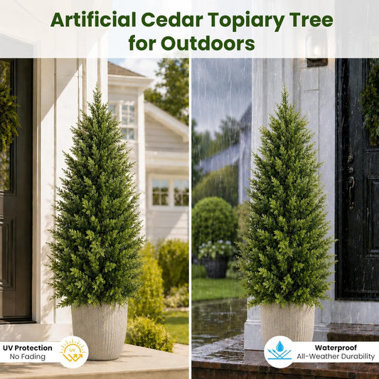 3FT Artificial Topiary Cedar Trees, UV-Resistant Outdoor Faux Pine Shrubs Plants, Realistic Fake Plants Front Porch Decor, Artificial Bushes Cypress for Home Front Door Offices