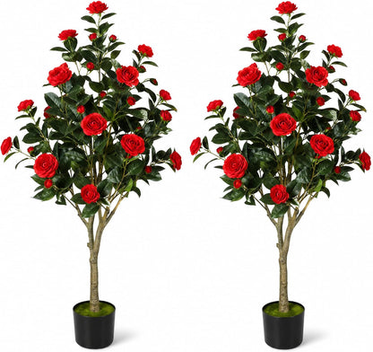 Artificial Camellia Tree, 4FT Faux Camellia Tree with Red Flowers | Realistic Camellia Tree, Sturdy Construction, Versatile Use, Low Maintenance, No Unpleasant Smell, Colorfast & Long-Lasting