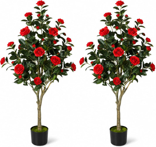 Artificial Camellia Tree, 4FT Faux Camellia Tree with Red Flowers | Realistic Camellia Tree, Sturdy Construction, Versatile Use, Low Maintenance, No Unpleasant Smell, Colorfast & Long-Lasting