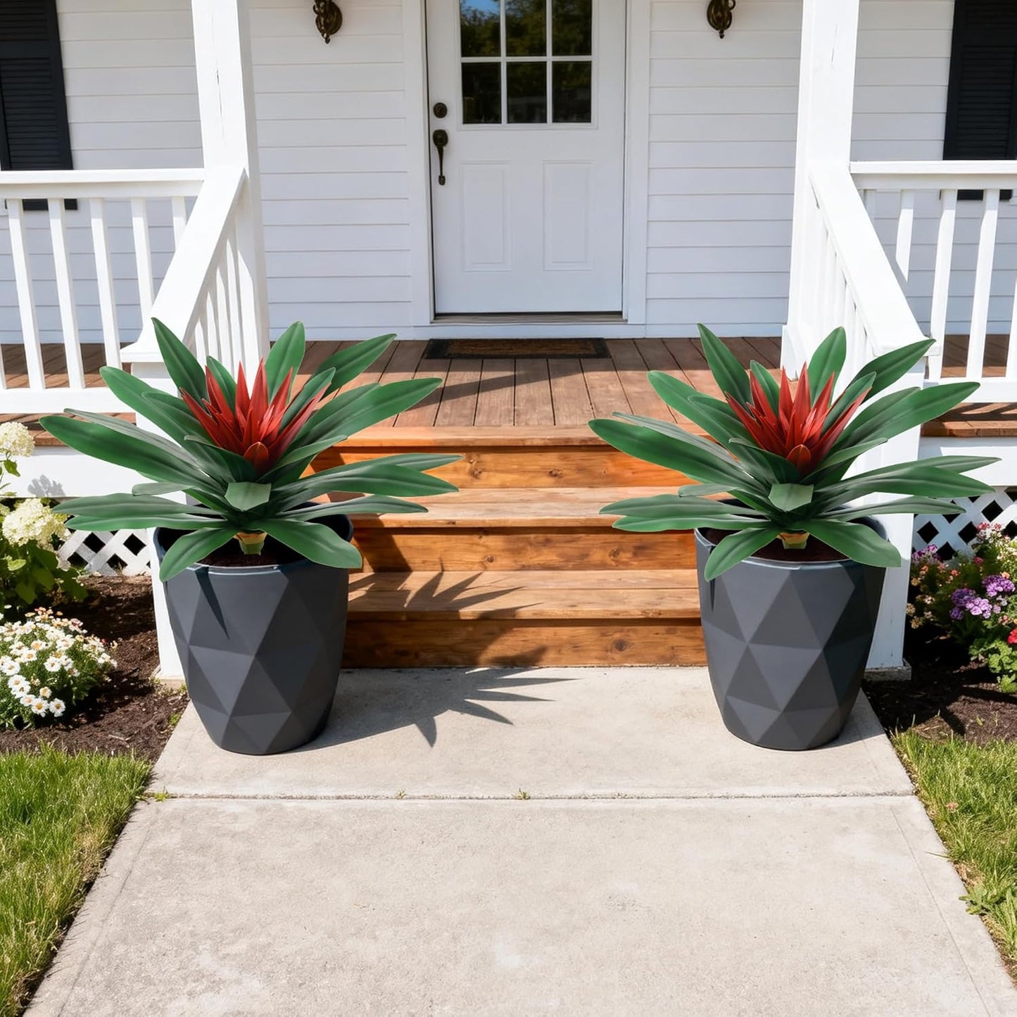Fake Plants,21.7 Inch Bromeliads Large Artificial Plants Outdoor Faux Plants UV Resistant Realistic Tropical Greenery Outside for Planter Porch Patio Yard Garden Indoor