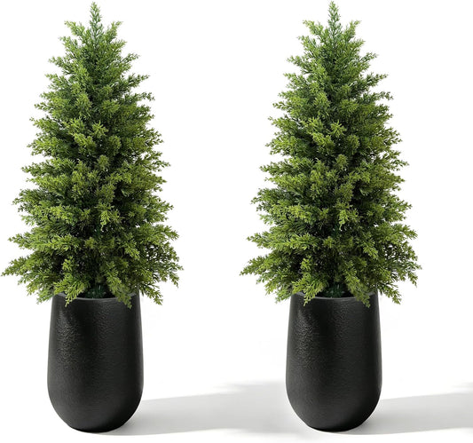 4FT Artificial Cedar Topiary Tree, Realistic Faux Evergreen in Black Bullet Planter + Fillable Water Bag, Indoor Outdoor Fake Cedar for Front Porch Entryway Office Home Decor
