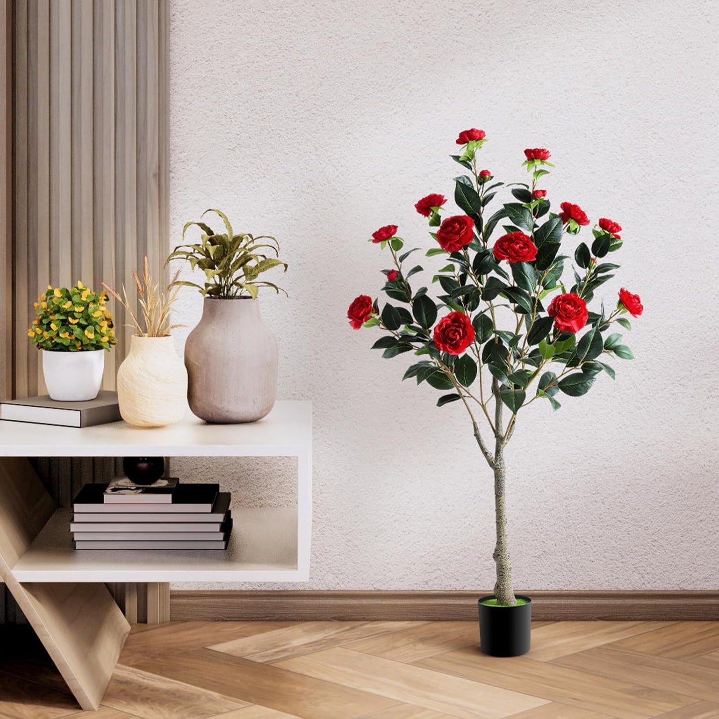 Artificial Camellia Tree, 4FT Faux Camellia Tree with Red Flowers | Realistic Camellia Tree, Sturdy Construction, Versatile Use, Low Maintenance, No Unpleasant Smell, Colorfast & Long-Lasting