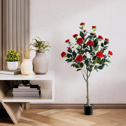 Artificial Camellia Tree, 4FT Faux Camellia Tree with Red Flowers | Realistic Camellia Tree, Sturdy Construction, Versatile Use, Low Maintenance, No Unpleasant Smell, Colorfast & Long-Lasting