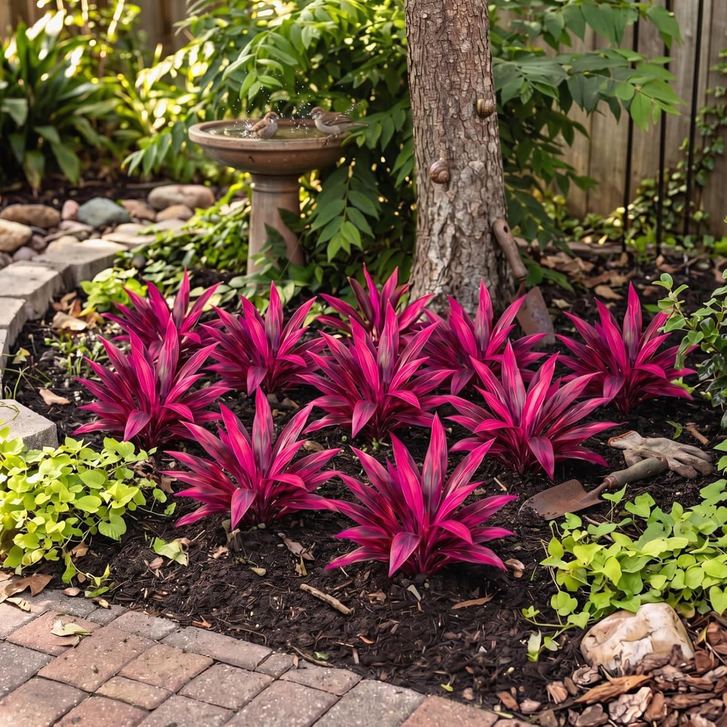 Artificial Tropical Plants Faux Cordyline Fruticosa Logs Fake Boston Ferns UV Resistant Artificial Outdoor Greenery Pink Purple for Garden Patio Balcony Porch Yard Home Decor