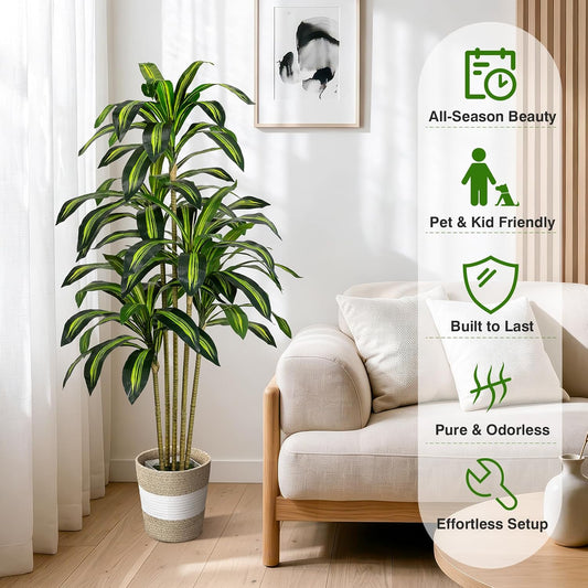 5FT Artificial Dracaena Tree - Tall Faux Dracaena, Artificial Plants Indoor, Fake Plant Build Boho-Chic Basket, Fake Tree for Outdoor Home Office Decor