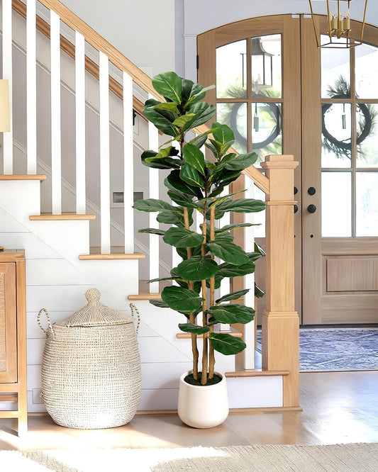 Artificial Fiddle Leaf Fig Tree White Planter, 5ft Large Fake Tree with 3 Sturdy Trunks, Fake Plants Faux Fig Tree, Lifelike Tall Artificial Plants Indoor for Office Home Decor